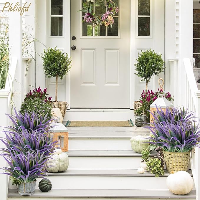 6Pcs Artificial Grass Fake Plants 17.3in Outdoor Plants UV Resistant Faux Greenery Stems Fake Grass for Home Window Garden Office Patio Pathway Front Porch Halloween Décor Green & Purple-VerdiqueGarden