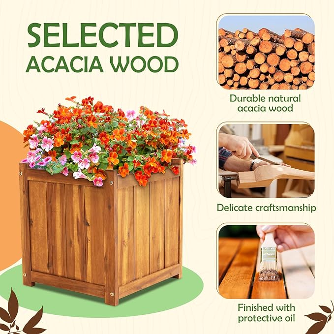 Idzo Set of 2 Hardwood Outdoor Flower Box, Durable Acacia Wood Flower Boxes for Outdoor Plants with Ergonomic Handles, Drainage Holes, Multiple Sizes Wood Bucket Planter for Home Décor-VerdiqueGarden