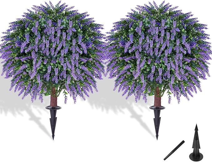 Artificial Lavender Topiany Ball Trees Set of 2,17” Resistant Fake Evergreen Shrubs with Ground SpilRealistic Outdoor Indoor Plants for Garden Porch Maintenance-Free Potted-VerdiqueGarden