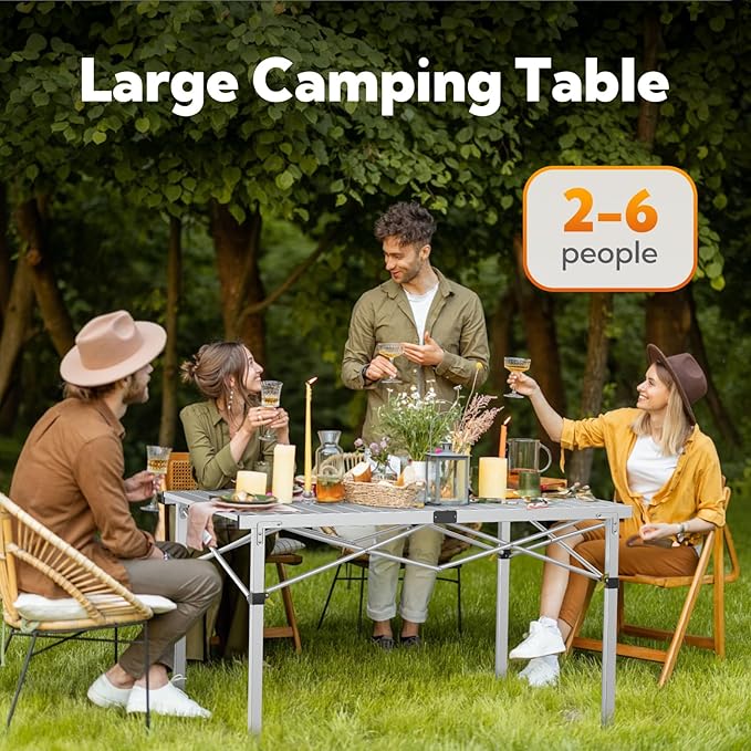 Large 46.4" Camping Table for 2-6 People - 220lbs Capacity Heavy Duty Foldable Outdoor Table with Aluminum Roll-Up Top & Carry Bag, Portable Picnic Desk for BBQ, Tailgating, Backyard (Silver)-VerdiqueGarden