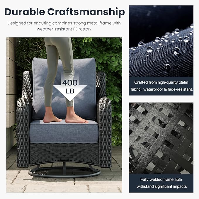 10 Pieces Outdoor Patio Furniture Sets with Rocking Swivel Chairs with 6-inch Thick Cushion and Fire Pit Table for Deck Lawn-VerdiqueGarden