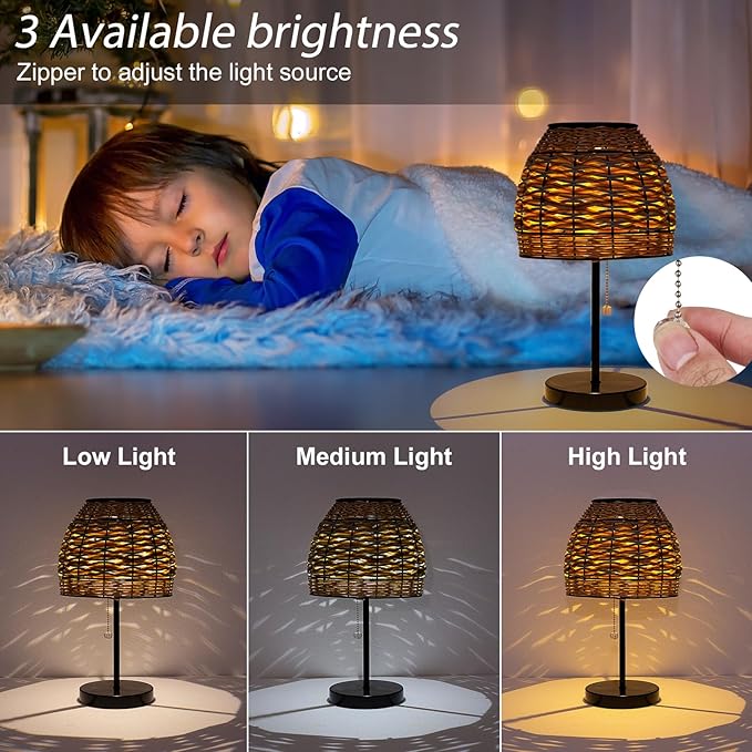 Outdoor Solar Table Lamp,3 Color Temperatures Bedside Lamps with USB-C Ports,Boho Desk Lamps Pull Chain Table Lamps with Black Metal Base for Garden,Yard,Patio,Lawn Outdoor Decor-VerdiqueGarden