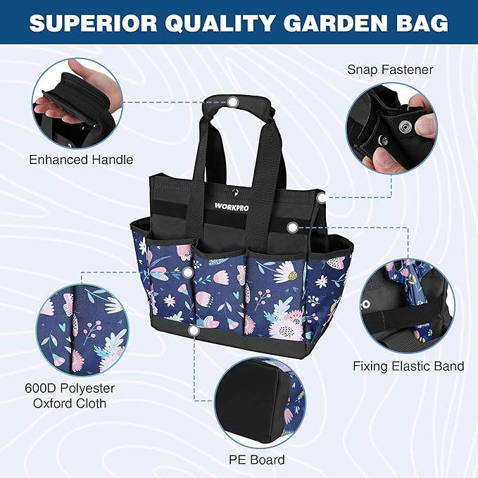 WORKPRO Garden Tool Bag, 9-Pocket Heavy Duty Oxford Tote Bag, Gardening Tool Kit Holder, 12" x 12" x 6" (Blue Insects)-VerdiqueGarden