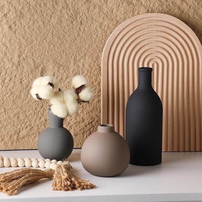 Ceramic Vase Set of 3, Vases Home Decor Rustic Farmhouse Decor Pottery Vases for Bouquet Pampas Grass Dried Fresh Flowers, Living Room, Kitchen, Bedroom, Bathroom, Entryway Mantel, Decor -Multicolor-VerdiqueGarden