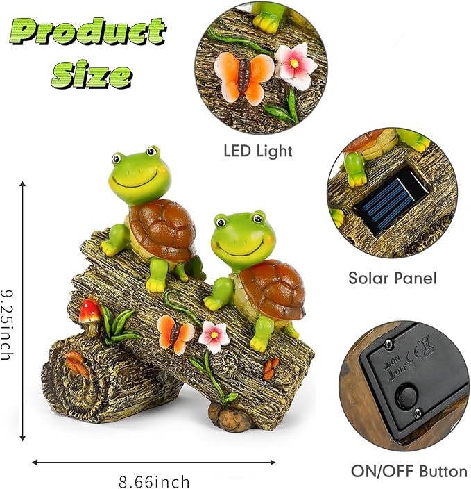 Garden Turtle Figurines Outdoor Decorations, Solar Powered Sweet Frog Face Turtles Resin Statue with 4 LED Lights, Garden Art Spring Fall Winter Christmas Decor for Patio Lawn Yard-VerdiqueGarden