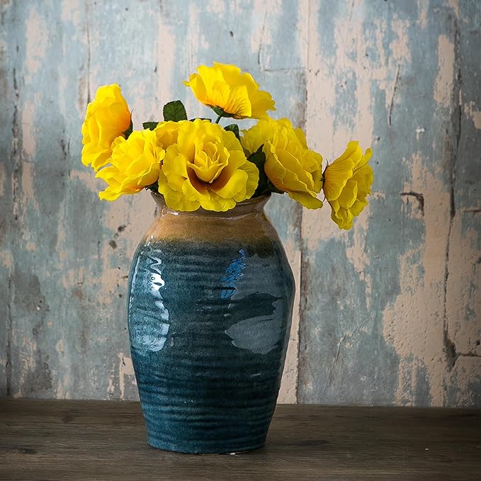 Blue Floor Vase, Ceramic Glazed Large Vase for Modern Farmhouse Home Decor, Rustic Terracotta Pottery, Vintage Clay Vase for Living Room Entryway Centerpiece-VerdiqueGarden