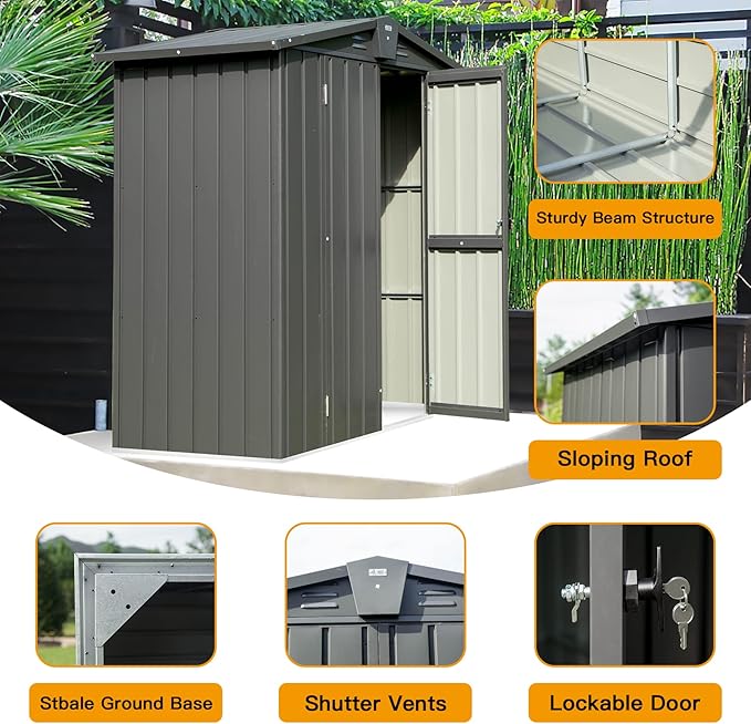 Domi Outdoor Storage Shed 5'x3, Metal Waterproof Tool Shed Utility Storage House with Double Lockable Doors & Air Vent for Garden Backyard Patio Lawn-VerdiqueGarden