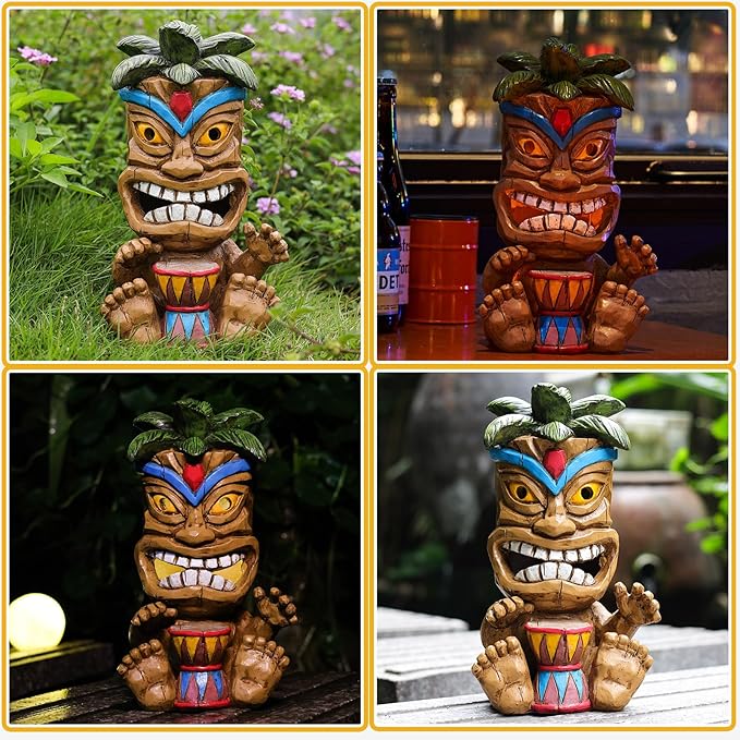 Outdoor Tiki Statue Decoration-Solar Power Light Tiki Garden Statues-Tiki Bar Decor Totem Pole Waterproof Figurines for Garden,Patio,Balcony,Yard,Lawn Ornament,10.43 Inch Tall-VerdiqueGarden
