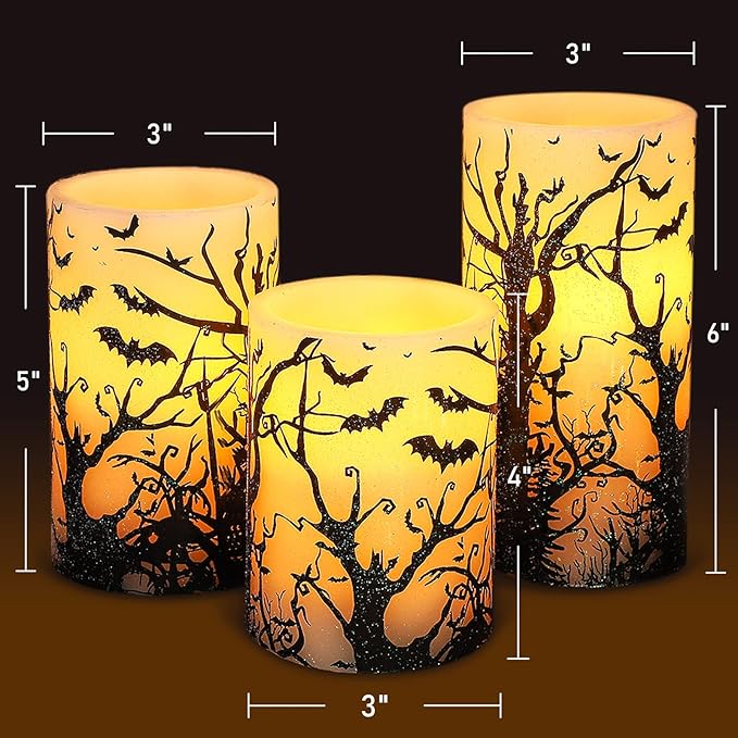 Halloween Decor Flameless Candles Set of 3 Black Spooky Bats Decal Flickering Candles Battery Operated with Remote Real Wax LED Pillar Candles for Halloween Party Horrible Theme Decor-VerdiqueGarden