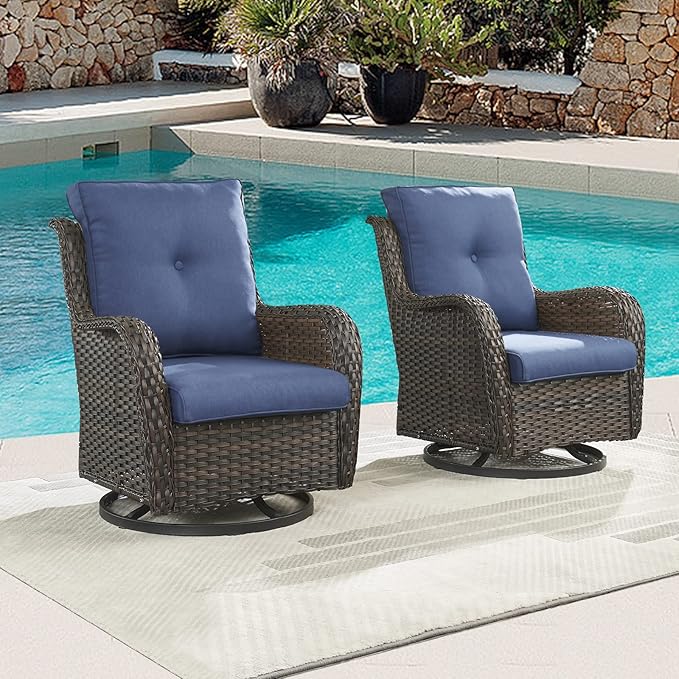 Outdoor Patio Swivel Rocker Chairs - Wicker Rattan Patio Swivel Rocking Chairs Set of 2 with High Back,Deep Seating and Comfort Cushions for Deck Porch Garden,Brown/Blue-VerdiqueGarden