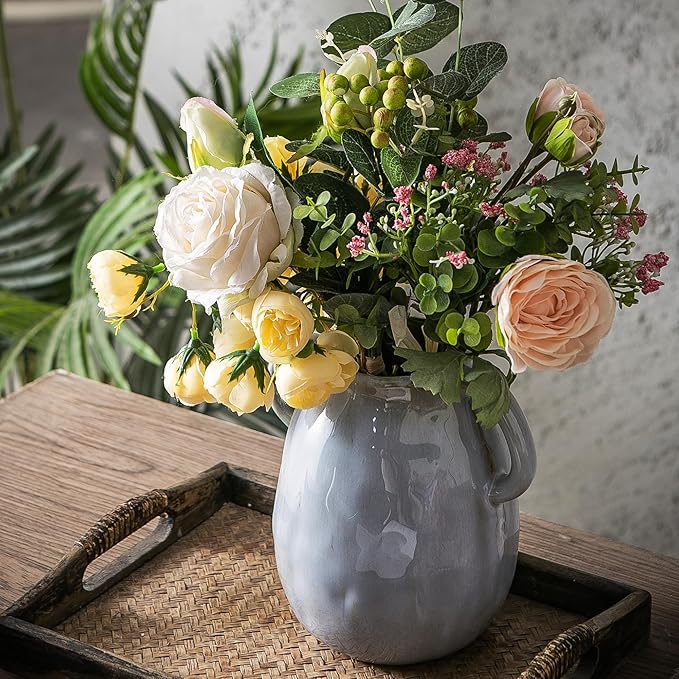 Kimdio Ceramic Vase with 2 Handles, Modern Farmhouse Grey Vase for Home Decor, Rustic Pottery Vase, Boho Decorative Terracotta for Flowers, Clay Pampas Grass Vases for Living Room Dining Table Shelves-VerdiqueGarden