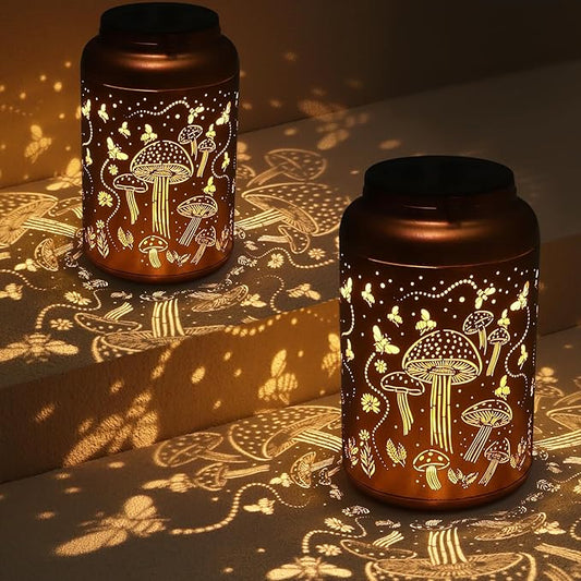 2 Pack Solar Lanterns Outdoor Waterproof, Mushroom Garden Decor Gifts for Women Mom Grandma Hanging Solar Lights Metal Solar Decoration Outside LED Lanterns for Yard, Patio, Lawn-VerdiqueGarden
