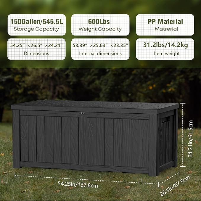 150 Gallon Lockable Resin Deck Box, Waterproof & UV-Resistant Outdoor Storage Box for Outdoor Cushion Storage, Garden Tools & Pool Accessories Storage, Black-VerdiqueGarden