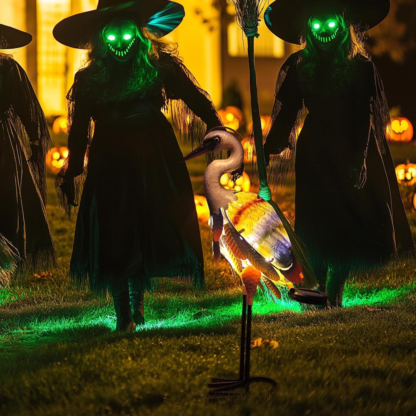 HONGLAND Solar Heron Metal Crane Statue Garden Heron Sculpture, Glass Outdoor Crane Yard Art Coastal Ocean Bird Decor 24 Inch Lawn Ornament for Backyard Porch Patio Decor（Purple）-VerdiqueGarden