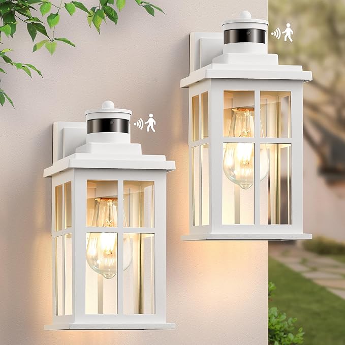 White Motion Sensor Light Outdoor, 2 Pack Dusk to Dawn Outside Lights for House, Anti-Rust Exterior Light Fixture, Waterproof Porch Light for House, Garage, Balcony, Weather Resistant-VerdiqueGarden