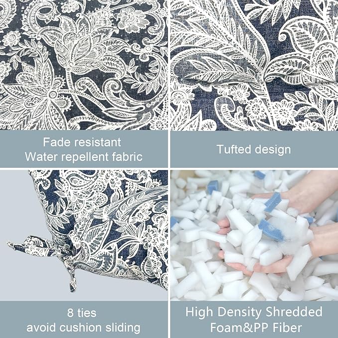 LVTXIII Outdoor Low Back Chair Cushions, Seasonal Replacement Adirondack Chair Cushion with Ties, Patio Waterproof Seat Cushions for Home Garden Use, 21 W x 21 D, Set of 2, Damask Lapis-VerdiqueGarden