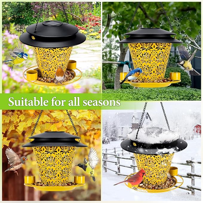 Solar Bird Feeders for Outside Hanging Metal Wild Bird Feeder Solar Lanterns Outdoor Waterproof Garden Decor for Yard Yellow-VerdiqueGarden