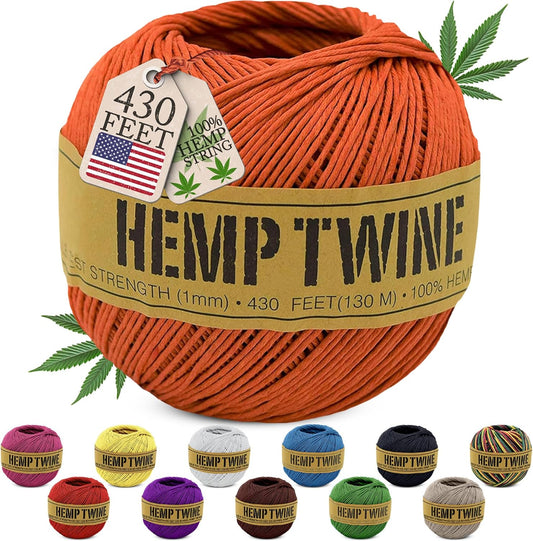 Hemp Twine for Gardening - Twine for Crafts - Organic Natural Hemp String for Jewelry Making - Strong Durable Cord for Decoration, Macrame + Cooking - 1MM, 100G/430 Ft. - 20 lb. Test Strength - Orange-VerdiqueGarden