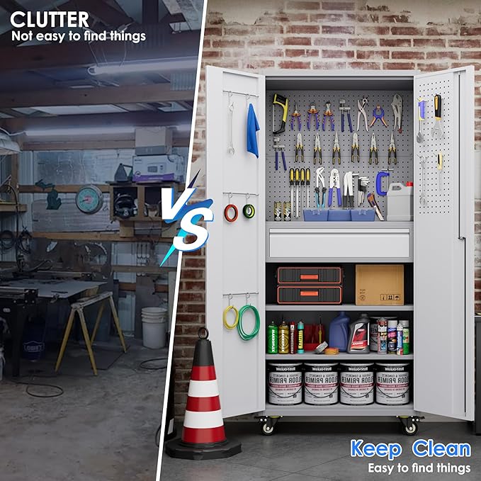 Garage Storage Cabinet with Locking Doors and 2 Adjustable Shelves, 71" H Metal Rolling Tool Storage Cabinet with Wheels, Drawer, Pegboard and 16 Hooks for Garage, Warehouse, White and Gray-VerdiqueGarden