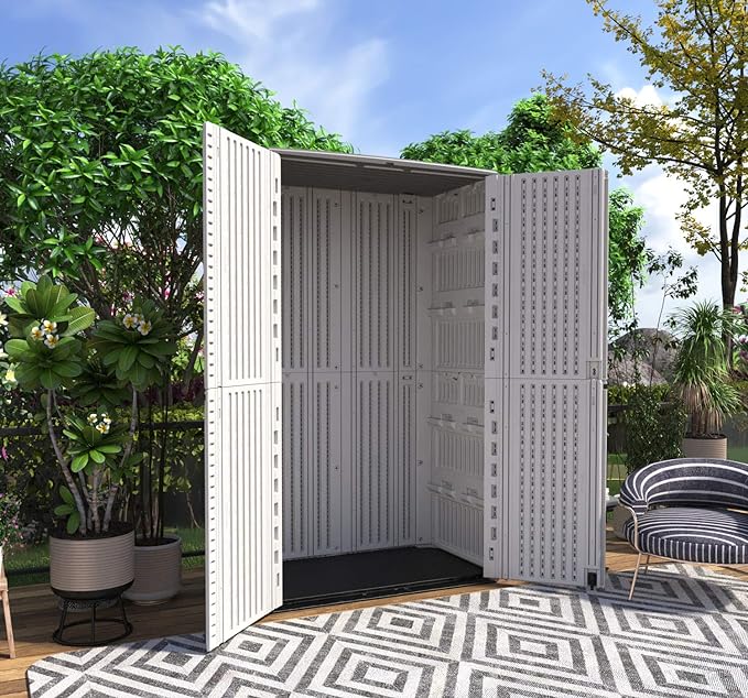 HOMSPARK Storage Shed Weather Resistance, Multi-Purpose Outdoor Storage Cabinet for Backyards and Patios, Horizontal Storage Shed for Lawnmower, Patio Accessories (White, Tall - 53 cu.ft)-VerdiqueGarden