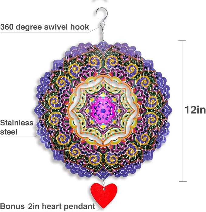 SteadyDoggie 12-Inch 3D Wind Spinners Outdoor - Mandala Purplerain Windmill Yard Decorations - Stainless Steel Laser Cut Ornament - Kinetic Garden Decor for Outside-VerdiqueGarden