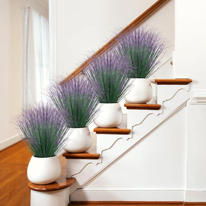 36Pcs Artificial Grass Plants, Faux Shrubs Wheat Grass, Artificial Tall Grass Fake Plants for Outdoor Decor,Artificial Greenery Stems Weed for Room Indoor Home Decor（Green Purple Tail）-VerdiqueGarden