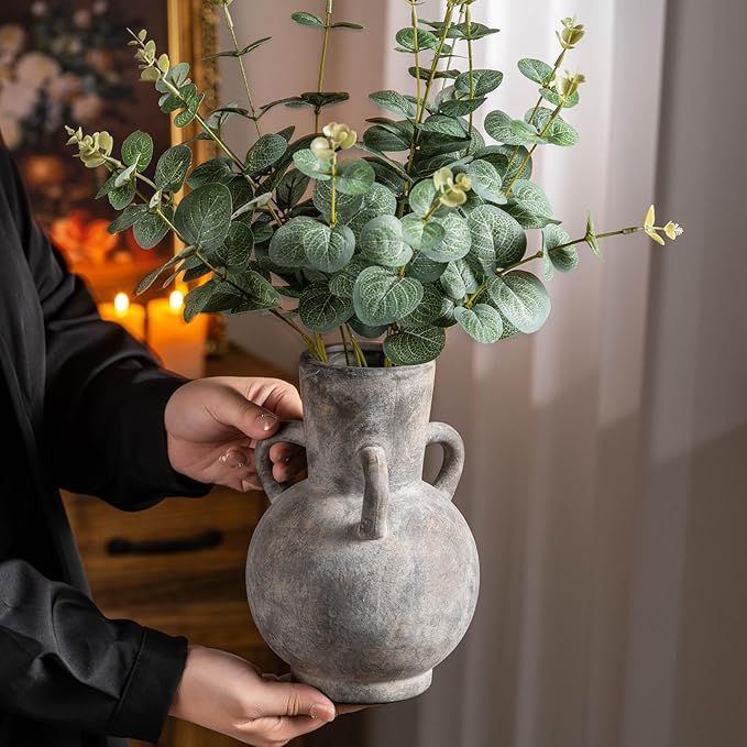 Rustic Grey Terracotta Ceramic Vase with Handles, Vintage Pottery Floral Vases, Cottage Core for Home Decor Table Centerpiece, Large Flower Vase for Bouquets Table Mantel Bedroon Bathroom 8.5 Inch-VerdiqueGarden