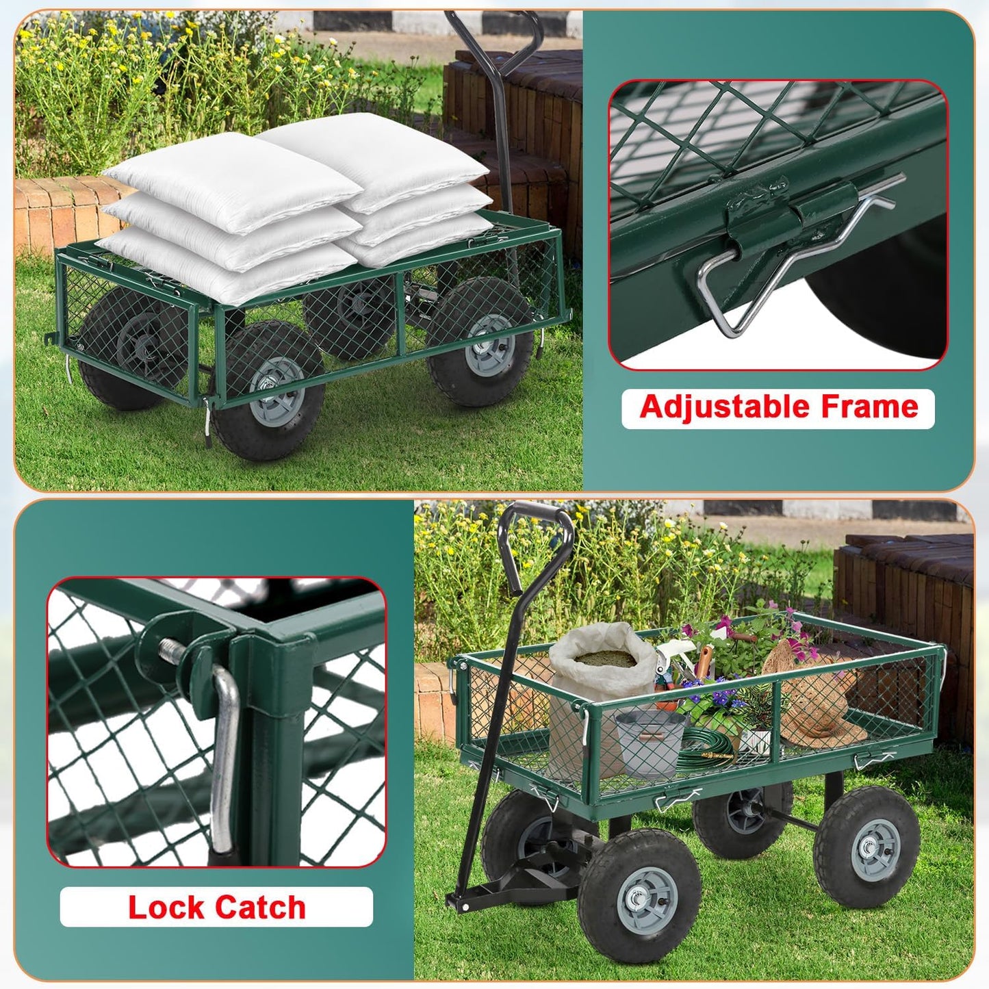 BestMassage Heavy Duty 500 Lbs Capacity Mesh Steel Garden Cart Folding Utility Wagon with Removable Sides for Beach Lawn Yard Landscape (Green)-VerdiqueGarden