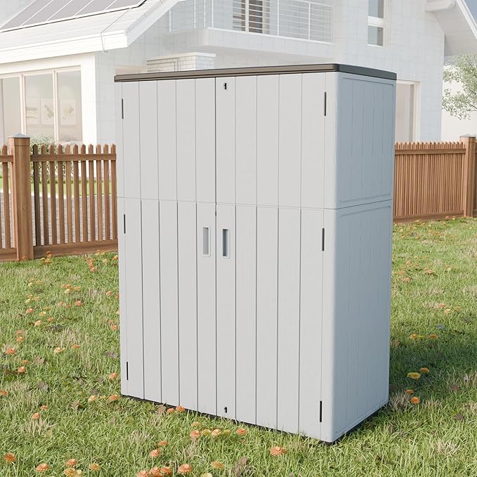 HOMSPARK Outdoor Storage Shed Weather Resistance, Patio Storage Cabinet Lockable Resin Tool Shed for Storage of Bike, Trash Cans, Garden Tools (Light Gray, 66 Cu.ft)-VerdiqueGarden