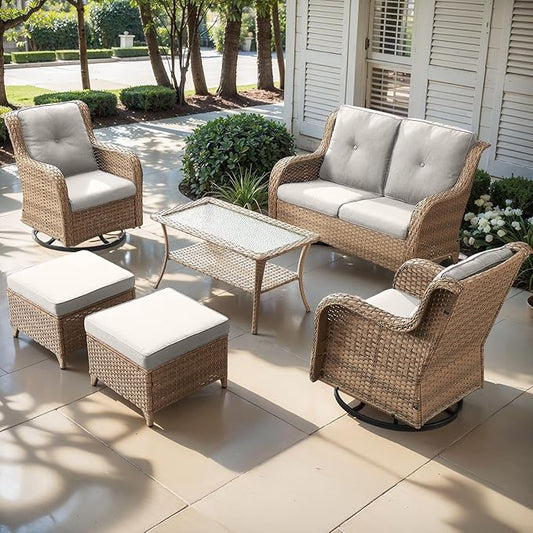 Outdoor Wicker Patio Furniture Set - 6 Piece Rattan Patio Conversation Set with 2 Rocking Swivel Chairs,2 Ottomans,1 Loveseat and 1 Coffee Table for Porch Deck Backyard Garden(Yellow/Beige)-VerdiqueGarden