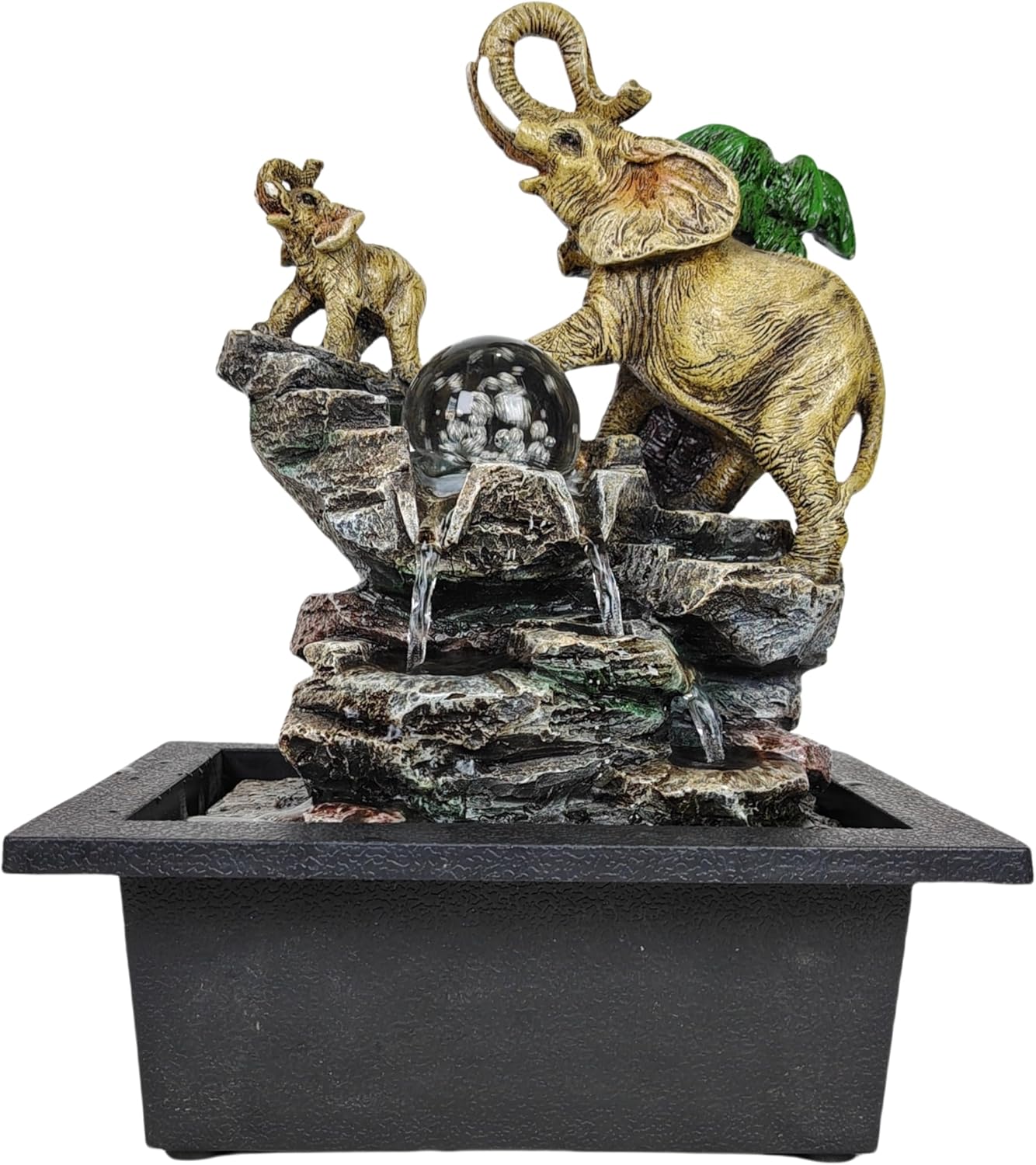 Decorative Elephant Cascade Tabletop Fountain with LED Globe, 3-Tier Design, A Quiet and Soothing Indoor Desktop Fountain-VerdiqueGarden