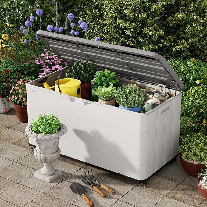 100GAL White Resin Deck Box with Wheels – Lockable, Waterproof, SGS-Tested UV Resistance, Spacious Outdoor Storage for Patio Cushions & Pool Gear, Easy Assembly-VerdiqueGarden