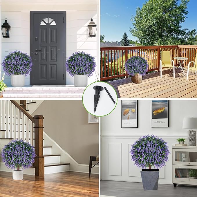 Artificial Lavender Topiany Ball Trees Set of 2,17” Resistant Fake Evergreen Shrubs with Ground SpilRealistic Outdoor Indoor Plants for Garden Porch Maintenance-Free Potted-VerdiqueGarden