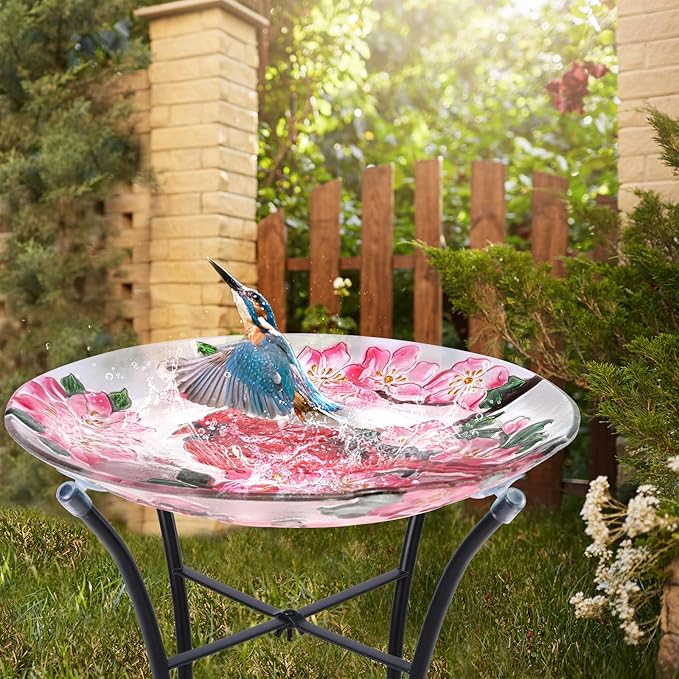 VCUTEKA Bird Baths for Outdoors, Glass Bird Bath with Metal Standing for Garden, Yards Patio Décor, Bird Lovers Gift, Cardinal Glass Birdbath Detachable (22" H * 18" W)-VerdiqueGarden