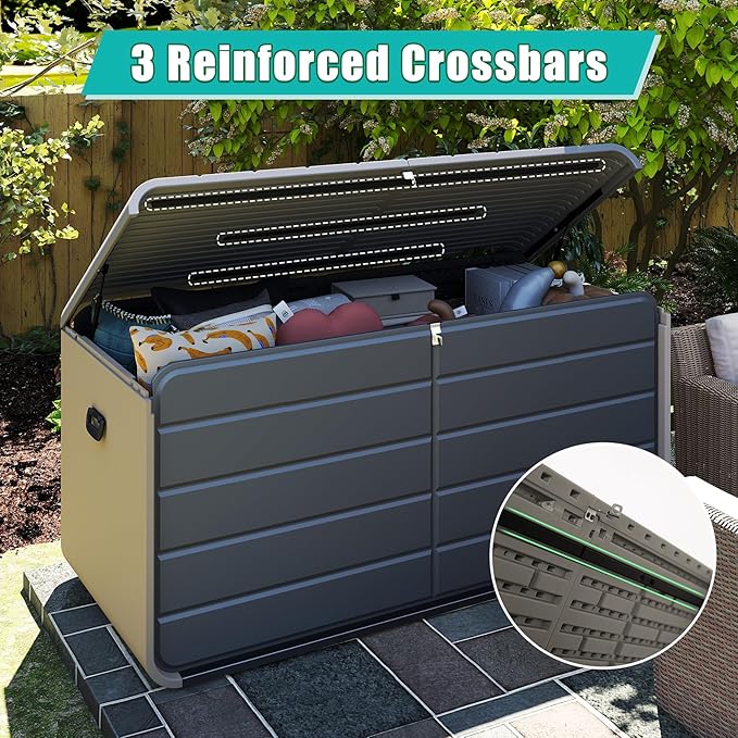 Domi 260 Gallon Resin Deck Box, Waterproof & UV-Resistant Outdoor Large Storage Box Lockable Storage Bin for Patio Cushions Pool Supplies Garden Tools and Delivery Storage-VerdiqueGarden