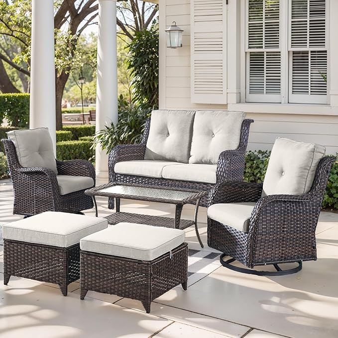 Outdoor Wicker Patio Furniture Set - 6 Piece Rattan Patio Conversation Set with 2 Rocking Swivel Chairs,2 Ottomans,1 Loveseat and 1 Coffee Table for Porch Deck Backyard Garden(Brown/Beige)-VerdiqueGarden