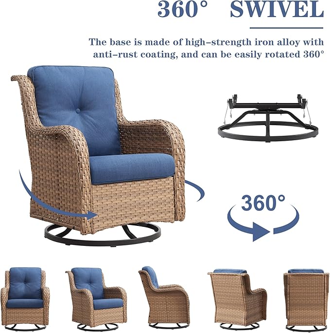 Outdoor Swivel Rocker Patio Chairs - 360 Degree Swivel Glider Seating 350LBS Weight Capacity Wicker Rocking Chairs Set of 2 with Removable Cushion for Porch Balcony Deck, Yellow/Blue-VerdiqueGarden