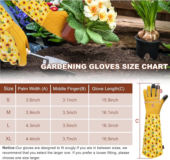 DLY Gardening Gloves for Women, Rose Gloves Gardening Thorn Proof, Long Garden Gloves for Women, Breathable Cowhide Leather Gauntlet (Large, Yellow-VerdiqueGarden