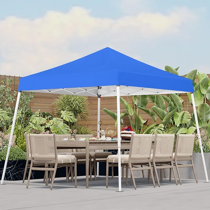 10x10 Pop Up Canopy, 300D Silver Coated Blue Fabric Outdoor Gazebo, Beach Tent Slant Legs with Storage Bag,Easy Up Sun Shade Shelter Tents with 8x8 Top Cover for Patio,Party-VerdiqueGarden