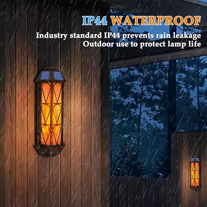 Solar Flame Lights Outdoor, Upgraded 74 LED Flickering Flame Lights, Solar Powered Auto On/Off, Outdoor Waterproof Wall Lanterns for House Garage Doorway Garden Porch Patio Yard Decoration (2 Pack)-VerdiqueGarden