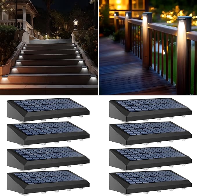 Solar Fence Lights Outdoor Waterproof IP65, 8 Pack Fence Lights Solar Powered 60 Lumens Auto On/Off Step Wall Lights Outside Decorations for Yard, Porch, Patio, Stairs, Pool, Deck, Garden-White Light-VerdiqueGarden