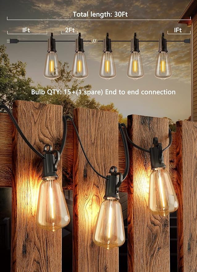Brightown LED Outdoor String Lights 30FT for Patio with 16 Shatterproof ST38 Vintage Edison Bulbs, Waterproof Outside Hanging Lights for Backyard Deck Garden Party Xmas Decor, 2700K-VerdiqueGarden
