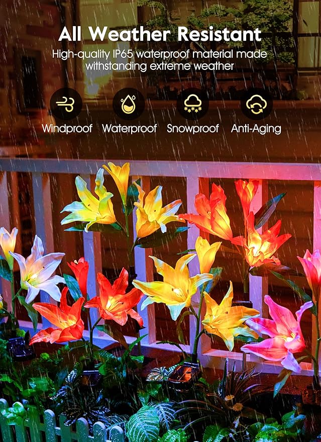 Brightown Solar Lights Outdoor, 4 Pack Solar Garden Lights with Larger & More Realistic Lily Flowers, Waterproof Outdoor Solar Lights for Yard Patio Lawn Pot Decoration-VerdiqueGarden