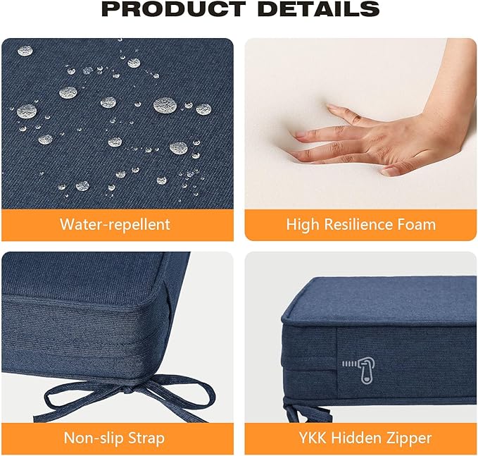 Sunbrella Square Corner Seat Cushions, 18.5" x 16" x 3", Set of 4, Indoor Outdoor Water Repellent Universal Chair Pads with Ties for Patio Furniture, Garden Dining Chairs, Specrtum Indigo-VerdiqueGarden