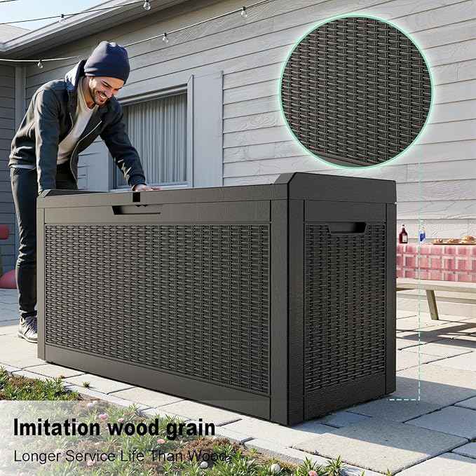 60 Gallon Resin Deck Box, Lockable Outdoor Storage Box for Patio Cushions Storage Furniture,Garden Tools, Pool Supplies, Weatherproof and UV Resistant（Black Rattan）-VerdiqueGarden