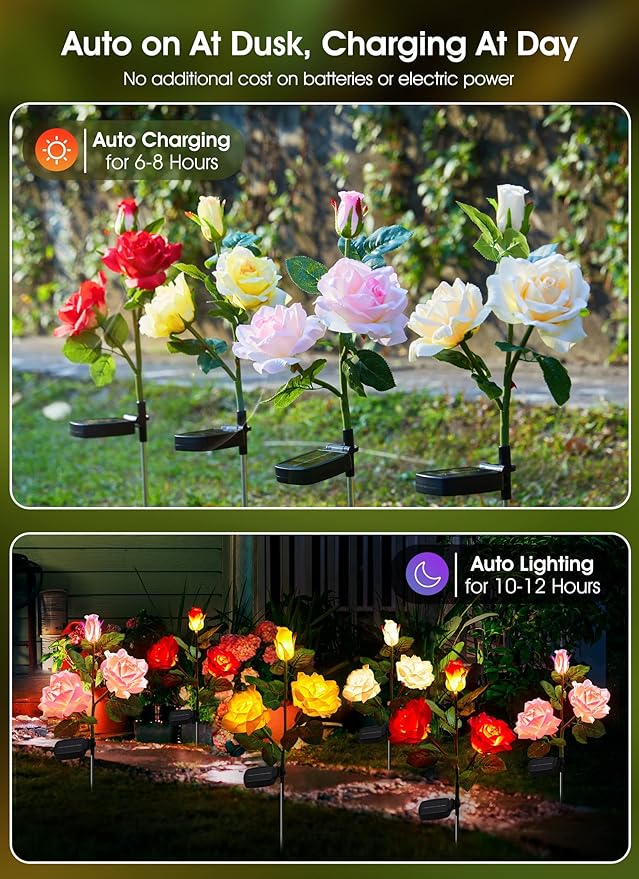 Garden 4 Pack LED Solar Flower Lights with Larger & More Realistic Rose Flowers, Bigger Solar Panel, Waterproof Solar Outdoor Lights for Yard Patio Lawn Pathway Walkway Decoration-VerdiqueGarden