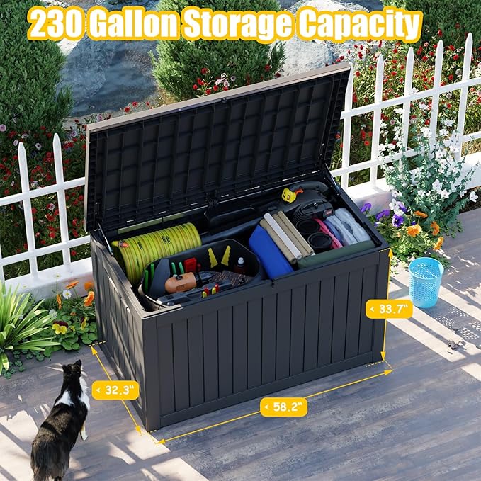 Deck Box - 230 Gallon Large Outdoor Storage box,Waterproof Patio Furniture and Storage Deck - Lockable and UV Resistant, Perfect for Pool and Outdoor Use, Weatherproof Resin, Lockable (Black) -VerdiqueGarden