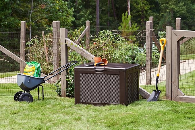 Rubbermaid Medium Resin Outdoor Storage Deck Box (74 Gal) Weather Resistant Brown Deck Organization for Home/Backyard/Pool Chemicals/Toys/Garden Tools/Porch/Patio Cushions-VerdiqueGarden
