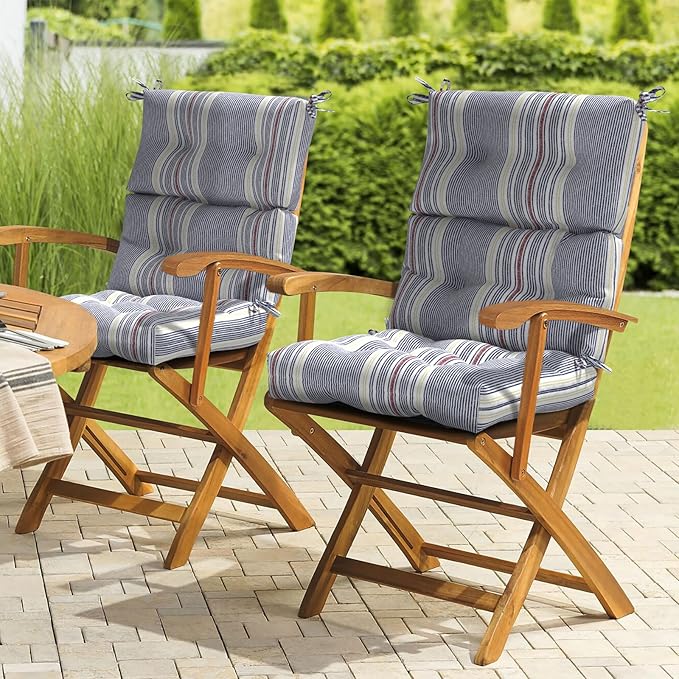 LVTXIII Outdoor Tufted High Back Cushions Set of 2 Patio Seasonal Replacement Rocking Chair Cushion with Ties, Solid Seat and Back Chair Cushion, (44” L x 22W”, Stripe Denim Blue)-VerdiqueGarden