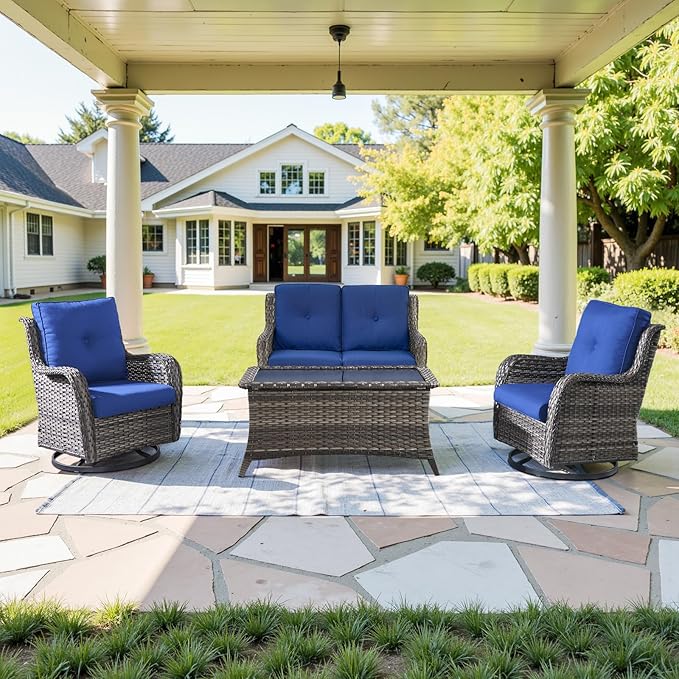 Outdoor Patio Furniture Set - 7 Piece Gray Wicker Conversation Patio Furniture Set All Weather Swivel Chairs with Ottoman and Loveseat Glider Chair for Deck Balcony Backyard-VerdiqueGarden